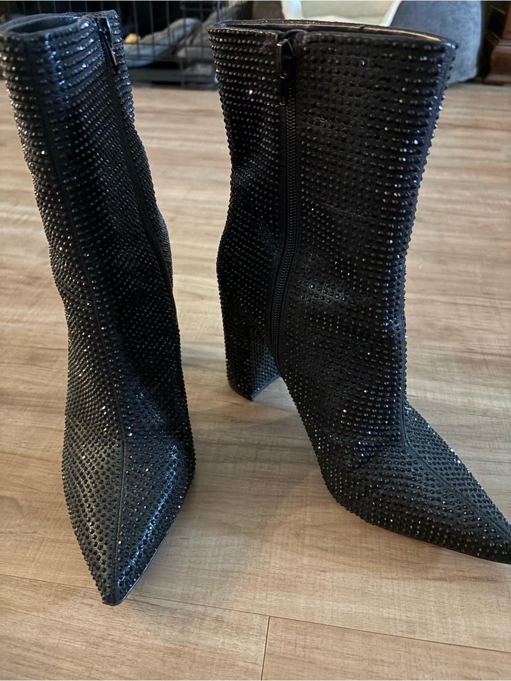 Black Embellished Pointed-Toe Boots